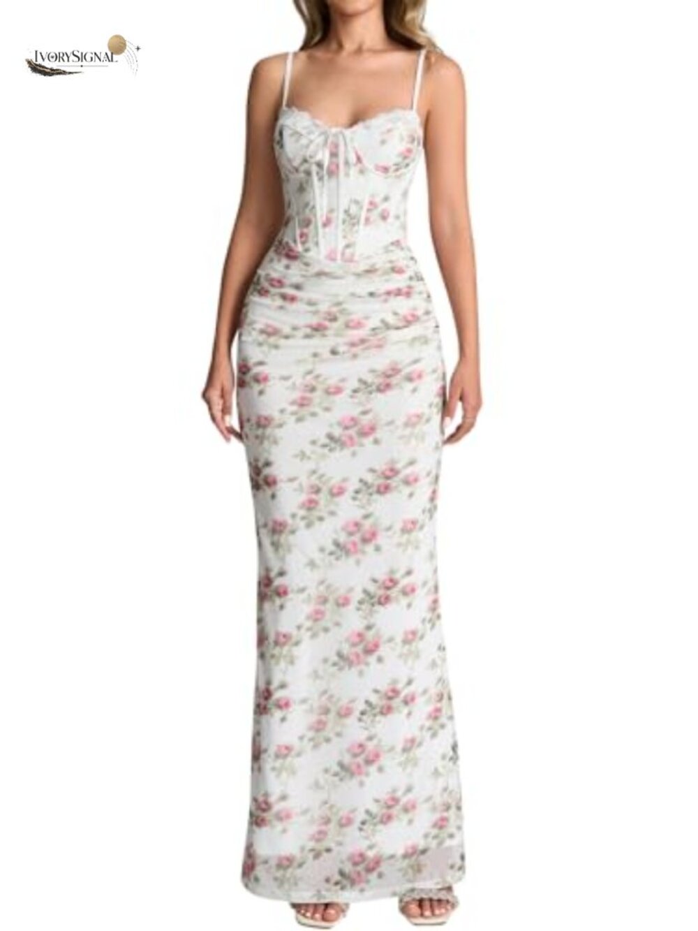 Corset Bodycon Maxi Formal Wedding Guest Dress Stretch Mesh Lace Neck